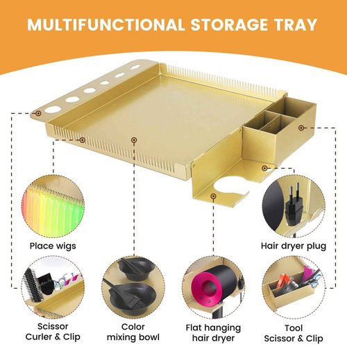 Salon Señor Multi-Function Salon Tray,Extension Hair Cart,Hairstylist Rolling Cart with Storage Platform and Hair Separator Stand,Gold