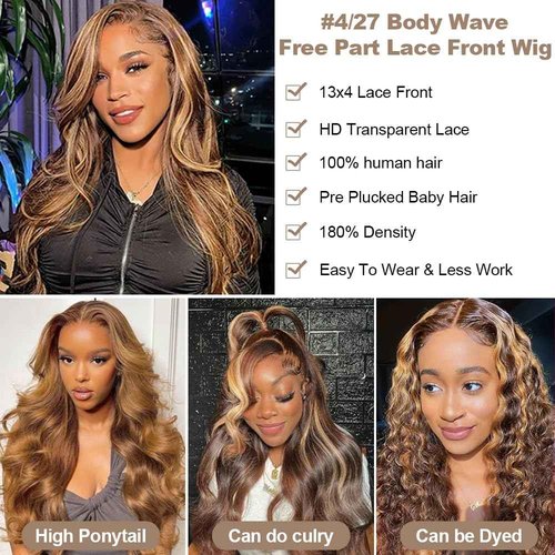 DOSAY Highlight Ombre 13x4 Hd Transparent Lace Front Human Hair Wig 24 Inch Brown Honey Blonde Body Wave Glueless Wigs 180% Density for Woman