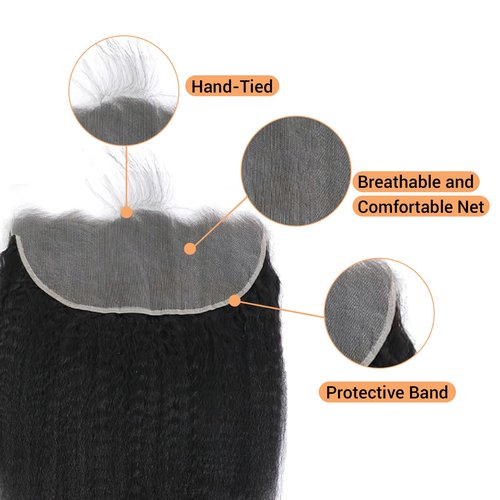 13x6 Lace Frontal Human Hair Kinky Straight HD Transparent Ear to Ear Lace Closure With Baby Hair Free Part 100% Virgin Human Hair Frontal Natural Black 14 Inch