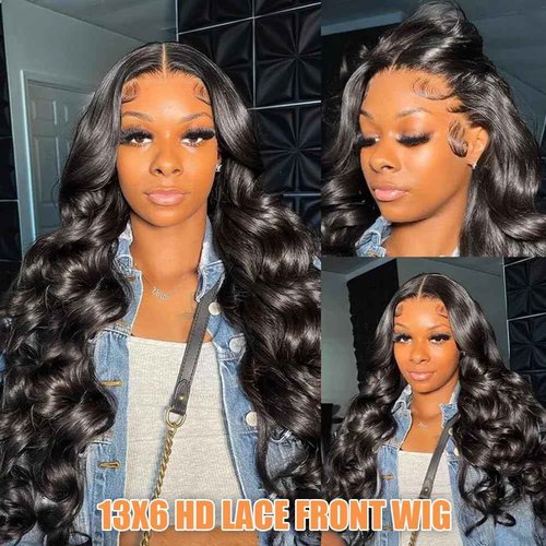 Aoque Body Wave Lace Front Wigs Human Hair 13x6 HD Lace Frontal Wigs Human Hair Pre Plucked with Baby Hair 200 Density Glueless Wig Brazilian Virgin Human Hair for Black Women Natural Color 22 Inch
