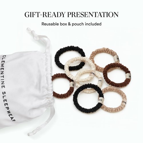 Clementine Sleepwear Organic Silk Scrunchie Set Ice Cream | 8 Skinny Scrunchies Made with GOTS Certified Silk for Frizz-Free Styling and Gentle Hair Care