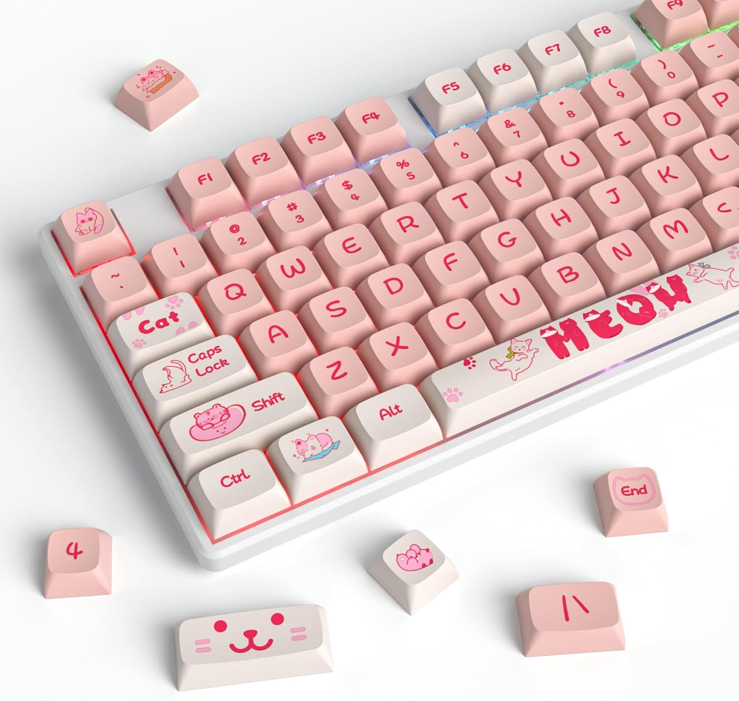 129 Keys PBT Keycaps Dye-Sublimation Keycap XDA Profile Custom Keycaps Anime Keycap Set for 60% 75% 100% MX Switches Mechanical Gaming Keyboard(Peach Cat)