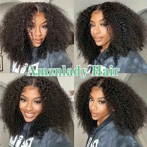 Amznlady Afro Kinky Curly V Part Wig Human Hair Brazilian Virgin Glueless Wig Human Hair for Black Women Upgrade U Part Wigs Kinky Curly Wigs No Leave Out 200% Density Natural Color 20 Inch