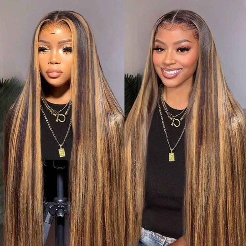 Ombre Highlight 13x6 Lace Front Wig Pre Plucked, 26 Inch 4T4/27 Honey Blonde lace frontal Wigs with Baby Hair 13x6 HD Transparent Lace Front wig Human Hair for Women Colored Real Human Hair Wigs