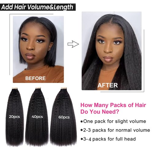 60pcs Kinky Straight Tape in hair Extensions 14 Inch Yaki Straight Tape ins for Black Women Human Hair 3c 4a Invisible Seamless Tape Extensions Natural Black Skin Weft 120g