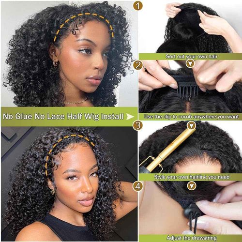 XNAIRA Kinky Curly Half Wig Human Hair 3 In 1 Seamless Flip Over Half Wigs Drawstring Curly Half Wigs for Women Human Hair Glueless Wear and Go Half Up Half Down Headband Wig Human Hair