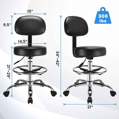 Rolling Stool with Back Adjustable- Ergonomic Back Support, Soft Leather Seat Cushion, Height Adjustability, Rolling Stools Chair with Wheels and Footrest Ring, Massage Office Tatto Salon (Black)