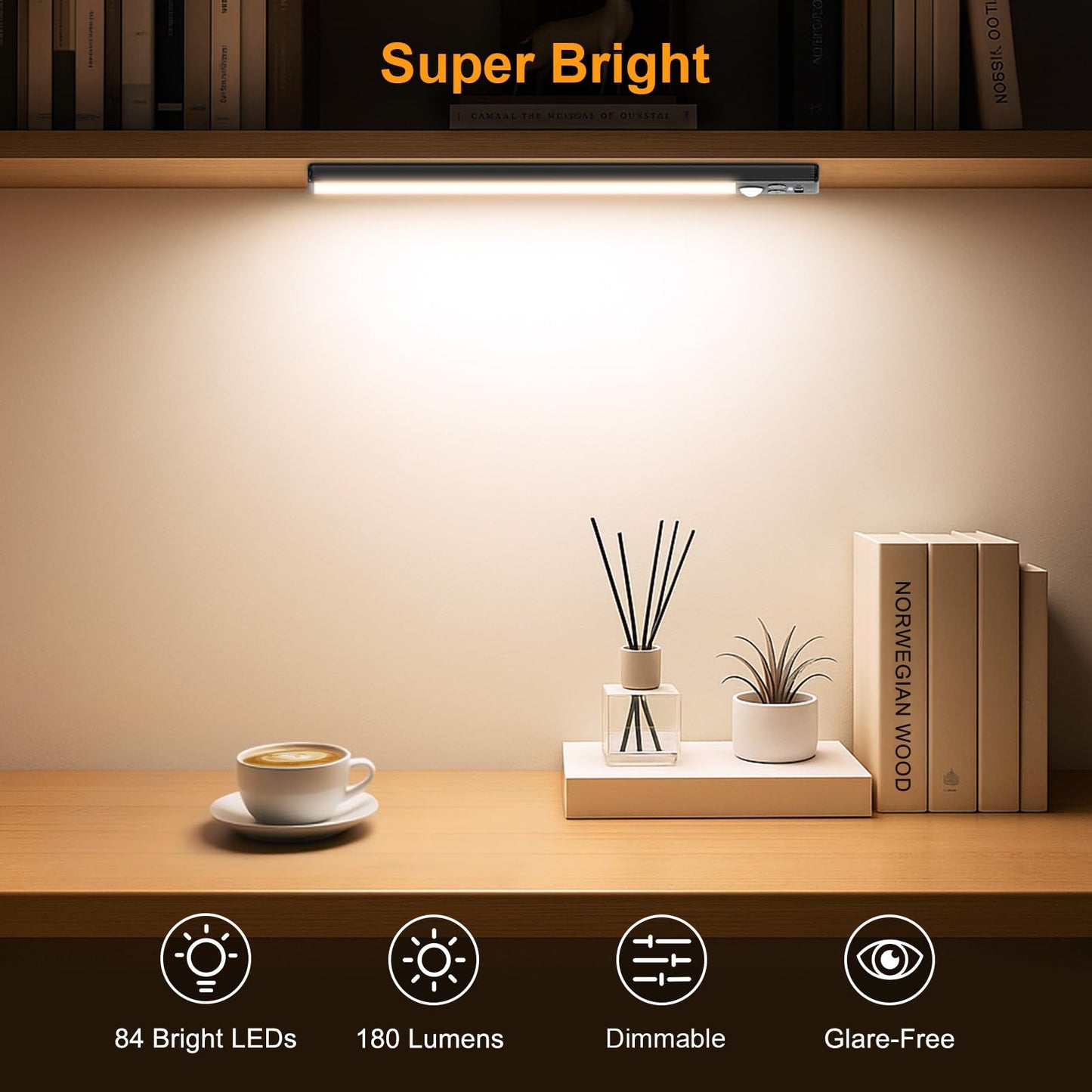 Gritin 10.2inch Under Cabinet Lighting Rechargeable -84 LED Super Bright,3-Color& 5 Level Brightness,4 Modes,Motion Sensor, Long Lasting- Easy Installation Magnetic Closet Lights -2 Pack-Black