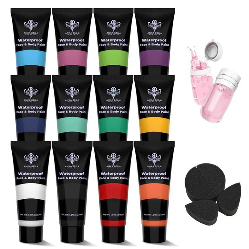 Anka Bella 12 Colors Waterproof Face Body Paint,Anti Smudge Sweatproof,Cream Body Paint with Sponge and Makeup Remover,Halloween SFX Cosplay Stage Makeup Face Painting for Adult and Children(Basic)