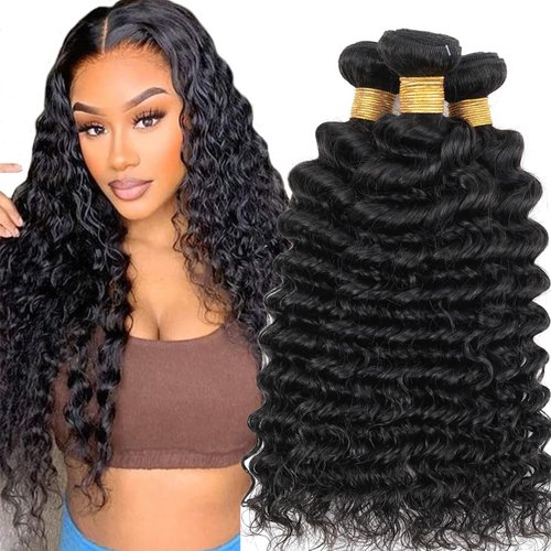 Michanliana Human Hair Bundles 14 16 18 Inch Deep Wave Bundles Human Hair 12A Raw Unprocessed Virgin Quick Weave Hair for Black Women Natural Black Color