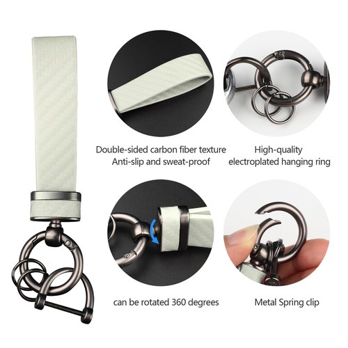 Turcee Carbon Fiber Car Keychain,Automotive Interior Accessories Keychains Leather Car Key Fob,Car Accessories Key Ring&Anti-Lost D-Ring(White)