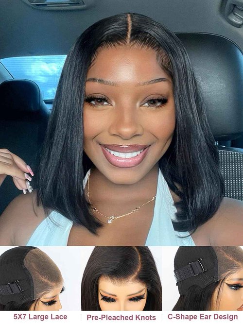 ORIGINAL QUEEN OQ Hair Glueless Wigs Human Hair Bob Straight Side Part 5X7 Pre Plucked Pre Cut Pre Bleached Wear and Go Wigs Human Hair Short Straight Bob Wigs for Women 12Inch