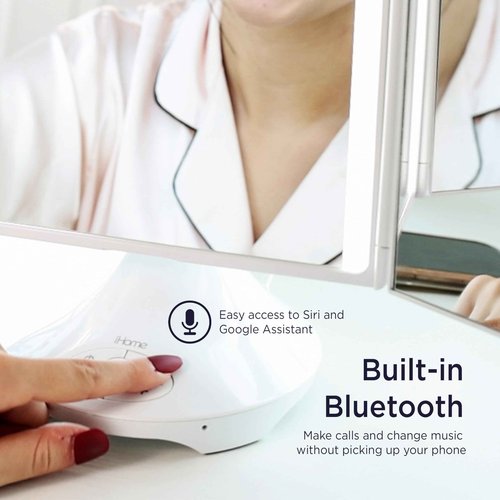 iHome Vanity Mirror with Lights and Wireless Speaker, Trifold Mirror with USB Charging (iCVBT40)