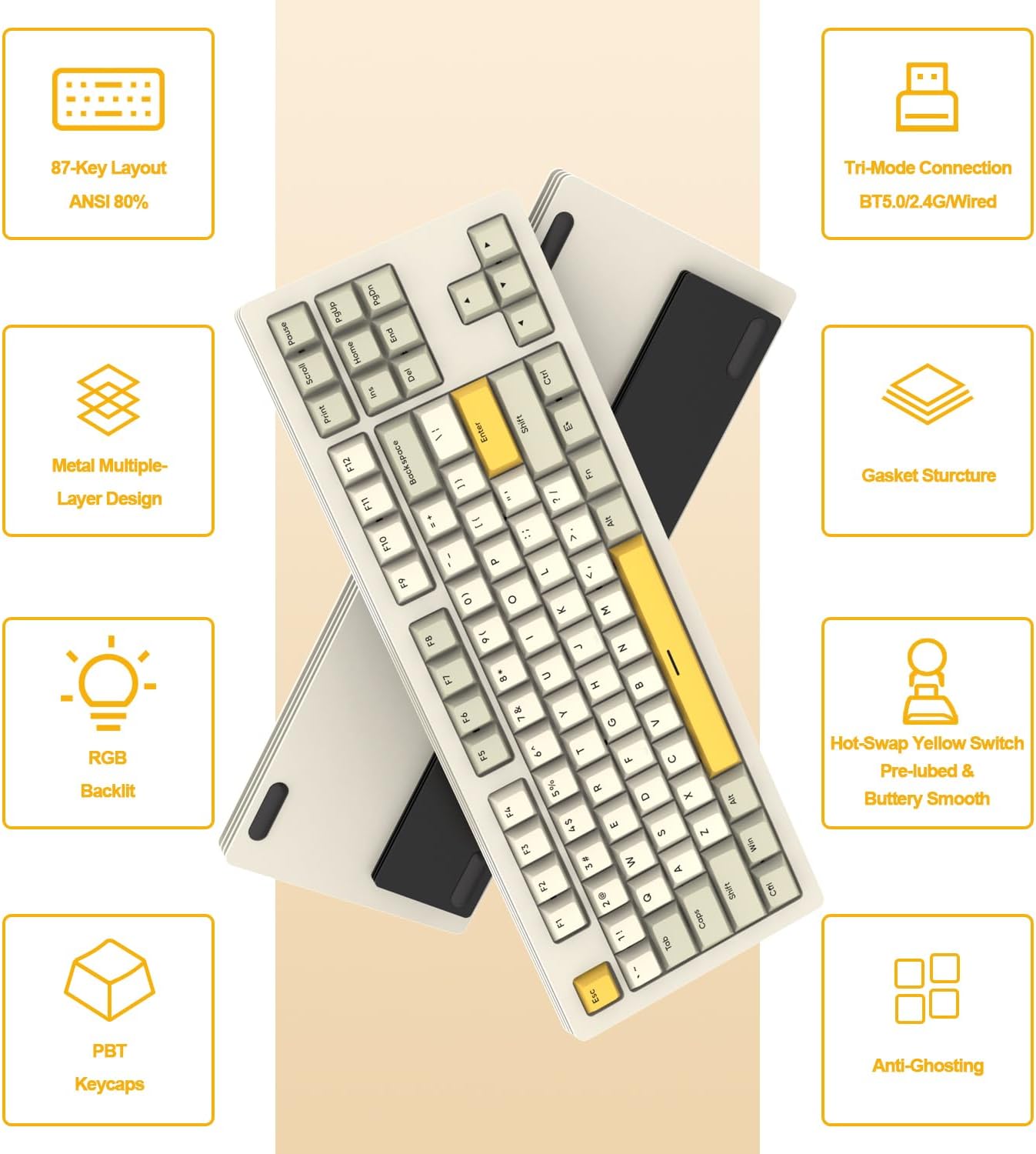 AKC087 Wireless Mechanical Keyboard, 87 Keys Compact TKL Gaming Keyboard, BT5.0/2.4G/Wired 75% Keyboard, RGB Hot Swappable Mechanical Keyboard OEM Profile Yellow Switch for Windows Mac Laptop