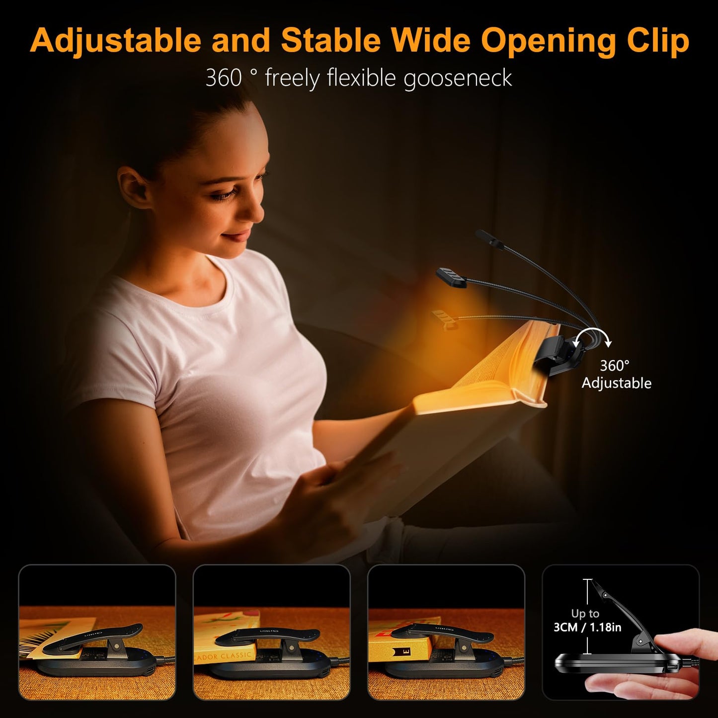 Gritin Rechargeable Book Light for Reading in Bed with 19 LED &Memory Function-Eye Caring 3 Color Temperatures,5 Brightness Levels,80 Hrs Runtime Flexible Goose Neck Clip on Light for Book Lovers