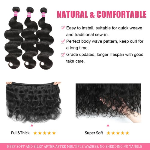 Body Wave Human Hair Bundles 18 20 22 Inch Body Wave Bundles Human Hair 100% Unprocessed 12A Brazilian Raw Virgin Hair 3 Bundles Real Human Hair Extensions Natural Color
