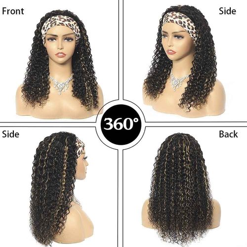 Punmasa Headband Wig Human Hair Deep Wave 20 Inches 1B/27 Headband wigs for women Glueless None Lace Front Wigs Machine Made 150% Density headband wig human hair with Headbands(20 Inches)