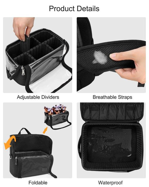 TANTO Makeup Backpack Makeup Artist Bag Professional Extra Large Cosmetic Bags Travel Train Case Storage Organizer Double-Layer Cosmetic Case with 4 Pouch and Brush Organizer (Black, two piece)