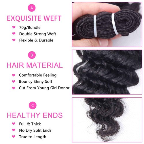 FQ Brazilian Deep Wave Bundles with Closure Deep Curly Weave Human Hair Bundles with Lace Closure Unprocessed Virgin Hair Weft Bundles and 4x4x1 Closure(12 14 16+10, 70g/bundle)