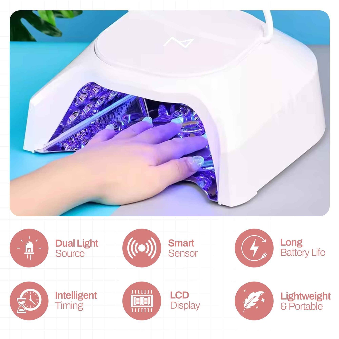 M - GlowPro Professional Hybrid 86W Wireless Rechargeable UV LED Nail Curing Lamp Cordless Nail Dryer for Gel Nails, Manicure, Pedicure (White)