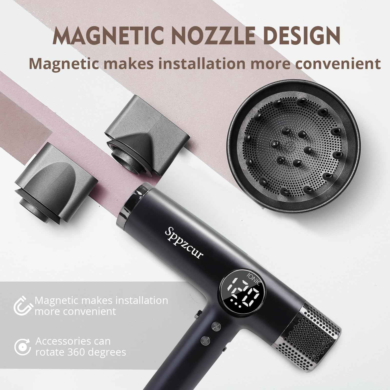 Professional High Speed Hair Dryer with Diffuser, Ionic Blow Dryer 1600W 110000rpm Lightweight Portable Hair Dryer with BLDC Motor, 3 Nozzles, for Women, Men, Travel