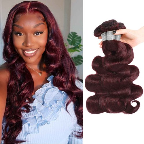 Dark Burgundy 3 Bundles Human Hair Body Wave 12 14 16 Inch, 99J 12A Sew In Wavy Weave Bundles Red Colored 100% Brazilian Virgin Remy Human Hair Soft Shiny #99j Wine Color
