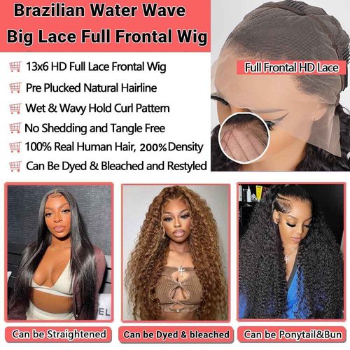 GCTGCT Water Wave Lace Front Wigs Human Hair 200 Density 13x6 HD Full Lace Frontal Wigs Pre Plucked Wet and Wavy Glueless Deep Curly Human Hair Wigs for Women Water Wave Frontal Wig 16 Inch