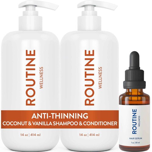 Routine Wellness Shampoo and Conditioner Set and Hair Serum for Stronger Hair - Biotin | Color Safe | Sulfate-Free | Vegan | Clinically Tested | Nourishing Oils and Vitamins - Coconut & Vanilla