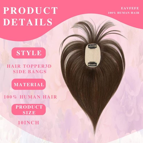 EAVFEFE Topperds for Thinning Hair: 12 Inch Womens Hair Topper 4# Medium Brown - Real Human Hair, Bangs & 360° Full Cover with 2 Clips (12in 4#)
