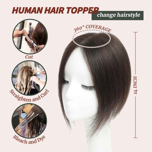 SARO-UP Hair Toppers for Women Real Human Hair Toppers for Women 3 * 4.5 Inch Hand-Tied Swiss Lace Base Topper No Bangs 10inch Hairpieces for Thinning Hair (Dark Brown)