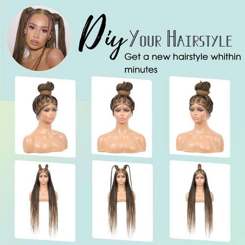 Fecihor 360° HD Full Lace Knotless Braided Wigs for Women Box Braid Wig with Baby Hair Premium Synthetic Light Brown Braided Lace Front Wigs 36 Inch