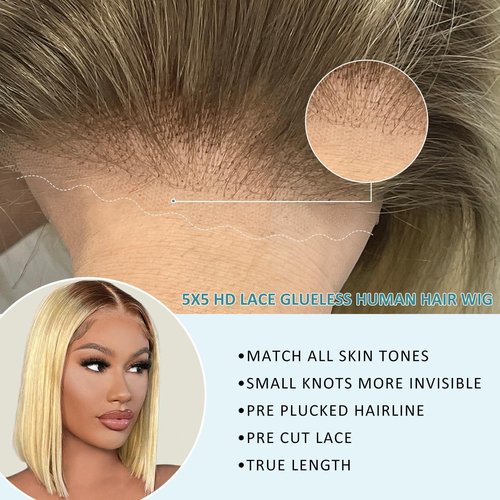 Msviki 5X5 Wear And Go Blonde Wig Human Hair 2.0-613 Upgraded Brown Roots 200% Density Ombre 2 Tone Blonde Wig For Women UHD Pre-Cut Lace Bob Wigs No Mix Fiber Brazilian Virgin Hair 10 Inch