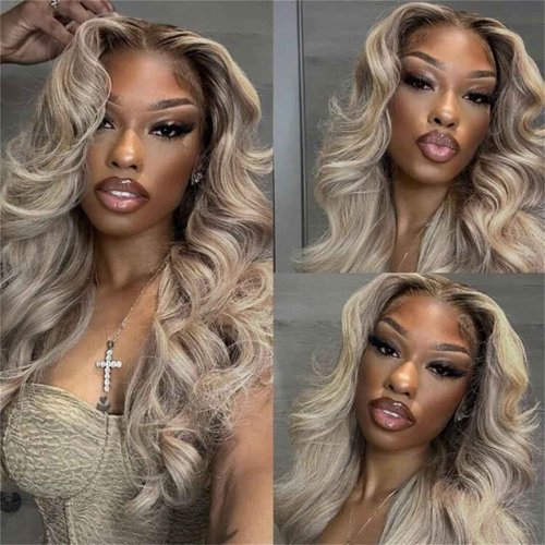 Ash Blonde with Silver Gray Highlight Lace Front Wig Human Hair 180% Density 13x4 Body Wave Mini Knots HD Invisible Lace Wig for Women Glueless Milk Tea Brown Colored with Silver Blonde Wigs 22 Inch