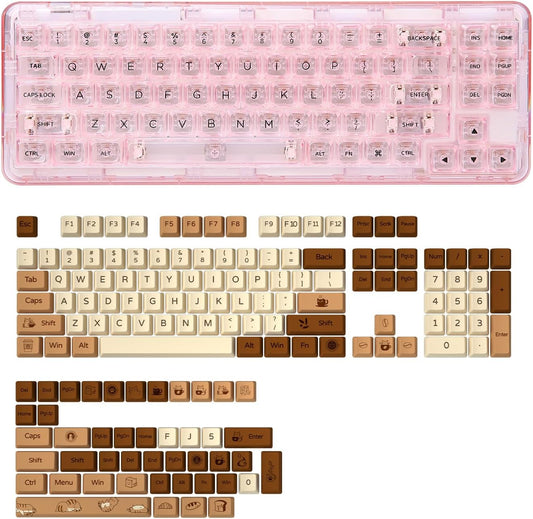 YUNZII X71 Transparent Mechanical Keyboard with Clear Keycaps(Crystal Ice Switch,Pink), Coffee Cat Dye Sub PBT Keycaps(Cherry Profile, Coffee Cat)