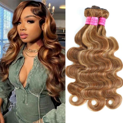 Brown Highlight Ombre Human Hair Bundles Body Wave Bundles 100% Unprocessed Brazilian Virgin Hair Honey Blonde Highlight Body Wave 3 Bundles Double Weft Extensions