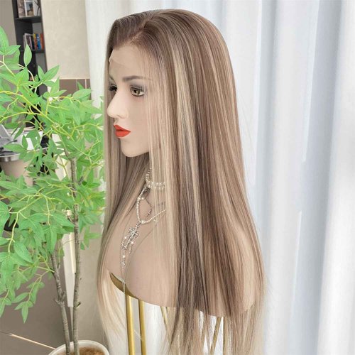 VASTCURY Ash Blonde Wigs Highlight Brown Ombre Color 13x4 Synthetic Fiber Lace Front Wig Long Silky Straight 22Inch Pre Plucked Hairline for Women