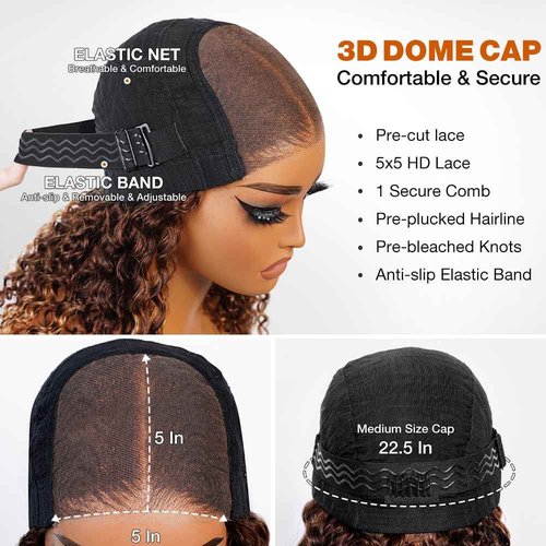 Smilegirl Highlight Glueless Wigs Human Hair Pre Plucked Pre Cut Ombre Honey Blonde Curly Lace Front Wig for Black Women 5x5 HD Lace Closure Wig for Beginners 180 Density