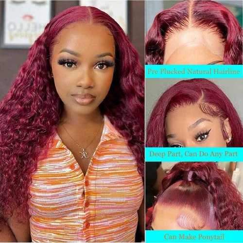 Bugtum 99j Burgundy Lace Front Wigs Human Hair Deep Wave 13x4 Hd Lace Frontal Wigs for Black Women Glueless Wigs Human Hair Pre Plucked Deep Curly Wet and Wavy Red Colored Lace Front Wig (26 Inch)