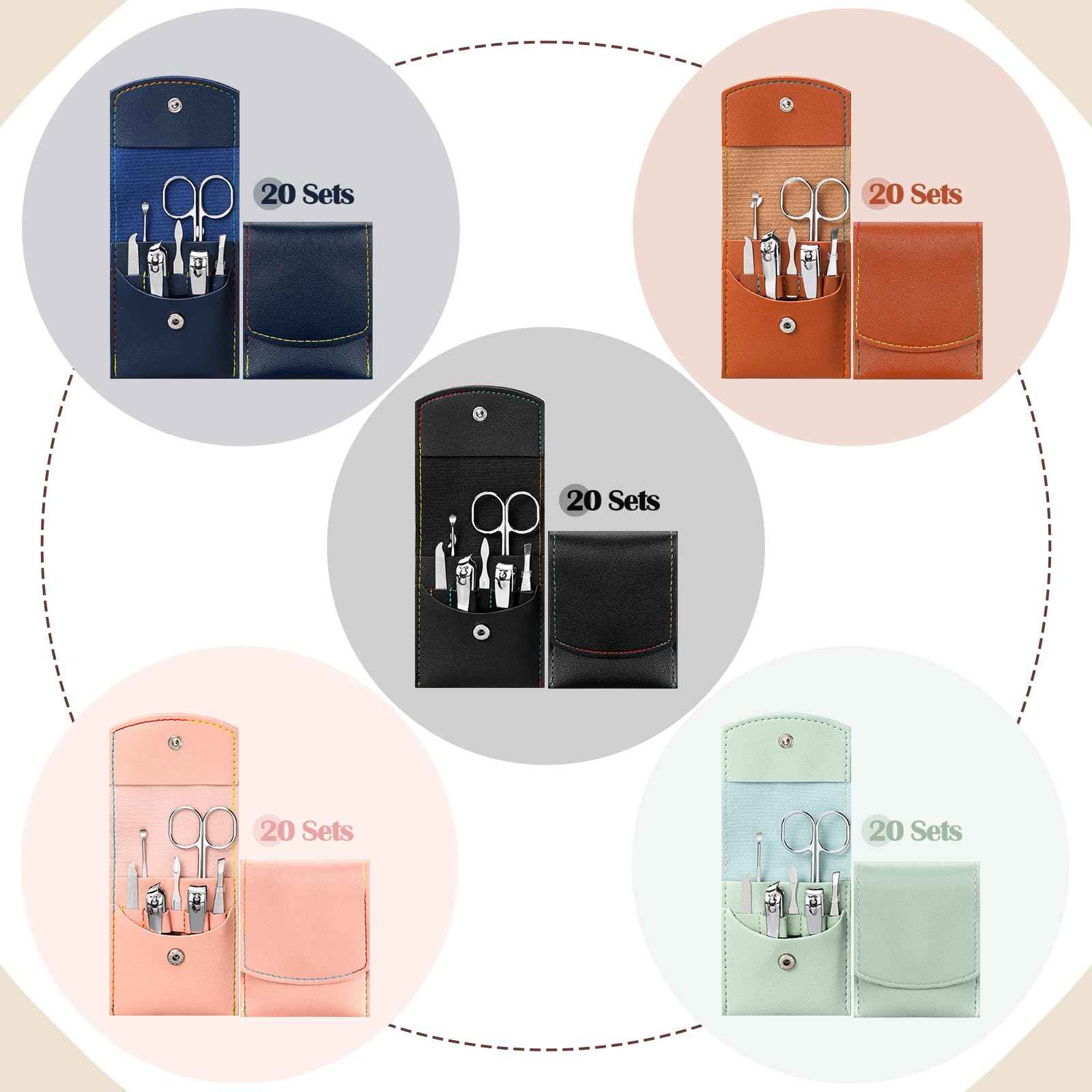 Lasnten 100 Bulk Nail Clipper Set Bulk Manicure Kit Stainless Steel Pedicure Professional Nail Care Kit with Travel Case Portable Grooming for Husband Men Women Family(Multicolor,7 in 1)