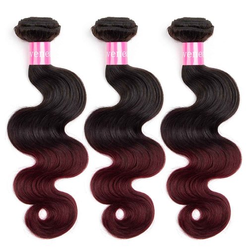 Lovenea Ombre Brazilian Virgin Hair Body Wave Human Hair Bundles 16+18+20 inch 3 Bundles 100% Virgin Hair Bundles 2 Tone Black to Burgundy Human Hair Weave (16 18 20, T99J#)