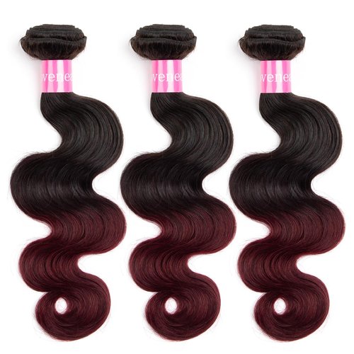 Lovenea Ombre Body Wave Human Hair Bundles 14+16+18 inch Ombre 3 Bundles 2 Tone Black to Burgundy Human Hair Weave (14 16 18, T99J#)