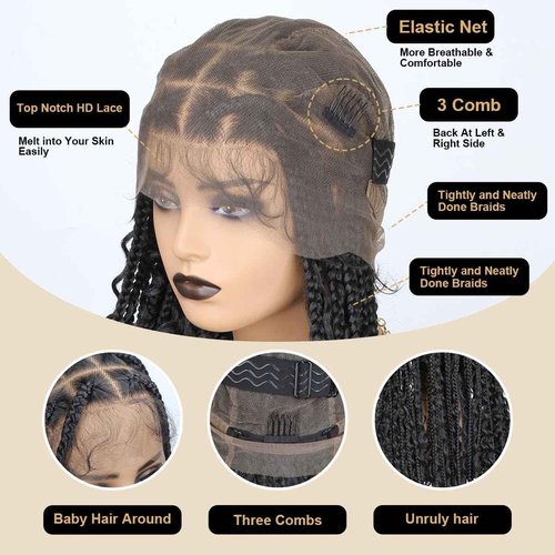 Sangtok 36 inch Knotless Boho Box Braid Wigs, 360 Single Full Lace Braided Curly Wigs for Black Women, Synthetic Black Braided Lace Wig