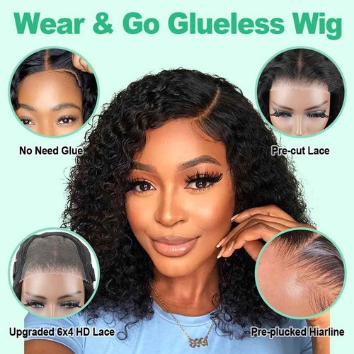 Wavymy Wear and Go Glueless Bob Wig Human Hair Pre Plucked Pre Cut 6X4 HD Lace Front Wigs Ready to Wear Water Wave Closure Wigs Human Hair for Women 180% Density (10 Inch)