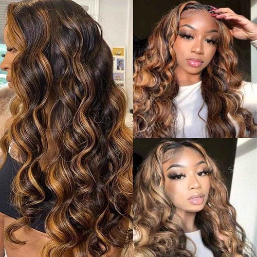 UNICE Ombre Highlight Body Wave 4x4 Lace Closure Free Part, Brown Human Hair Wavy Closure with Dark Roots FB30 Color 14 inch