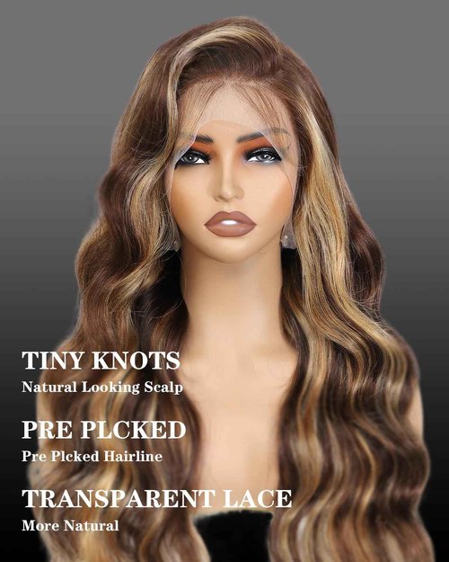 FASHION VILA Ombre Lace Front Wig - Human Hair, 13x4 Body Wave, 4/27 Highlight, Honey Blonde, 180% Density (18 inch)