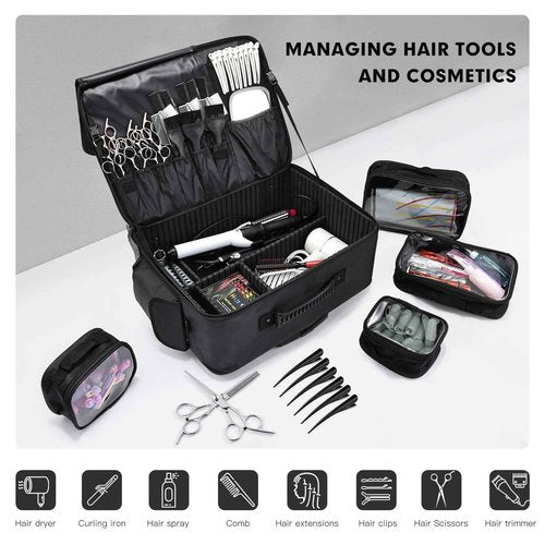 Rolling Makeup Case Cosmetology Case on Wheels Extra Large Cosmetic Artist Bag Portable TravelCase for Hairstylists Nail Tech Traveling Professional Make Up Train Suitcase Carts Trolley, Black
