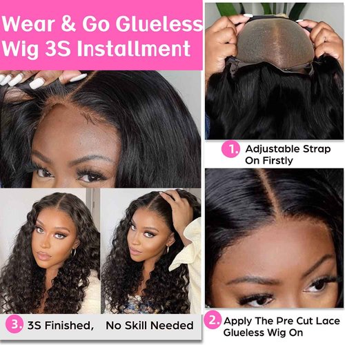 Potoki Glueless Wigs Human Hair Pre Plucked Pre Cut Deep Wave Lace Front Wigs 4x4 Closure Wigs 150% Density Natural Black Color (26 Inch)
