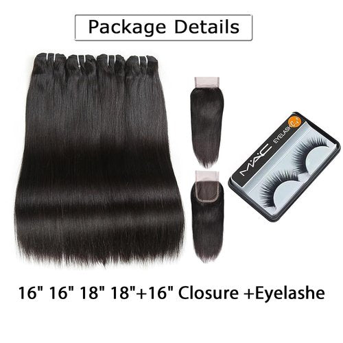 Liang Dian Straight Bundles with closure human hair 16 16 18 18 +16 Inch Human Hair Bundles with Closure HD Lace100% Unprocessed 12A Brazilian Virgin Quick Weave Hair Natural Color