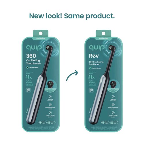 Quip Rev 360 Oscillating Rechargeable Electric Toothbrush with Replaceable Brush Head - Soft Bristles, Pressure Sensor, 3 Intensities, 30-Day Battery Life, Travel Case - Blue Stone
