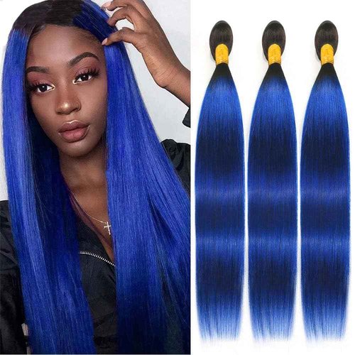 Habiliana Bundles Human Hair 22 24 26 Inch Straight T1B Blue Human Hair Bundles 11A Unprocessed Brazilian Virgin Quick Weave Hair Extensions for Black Women